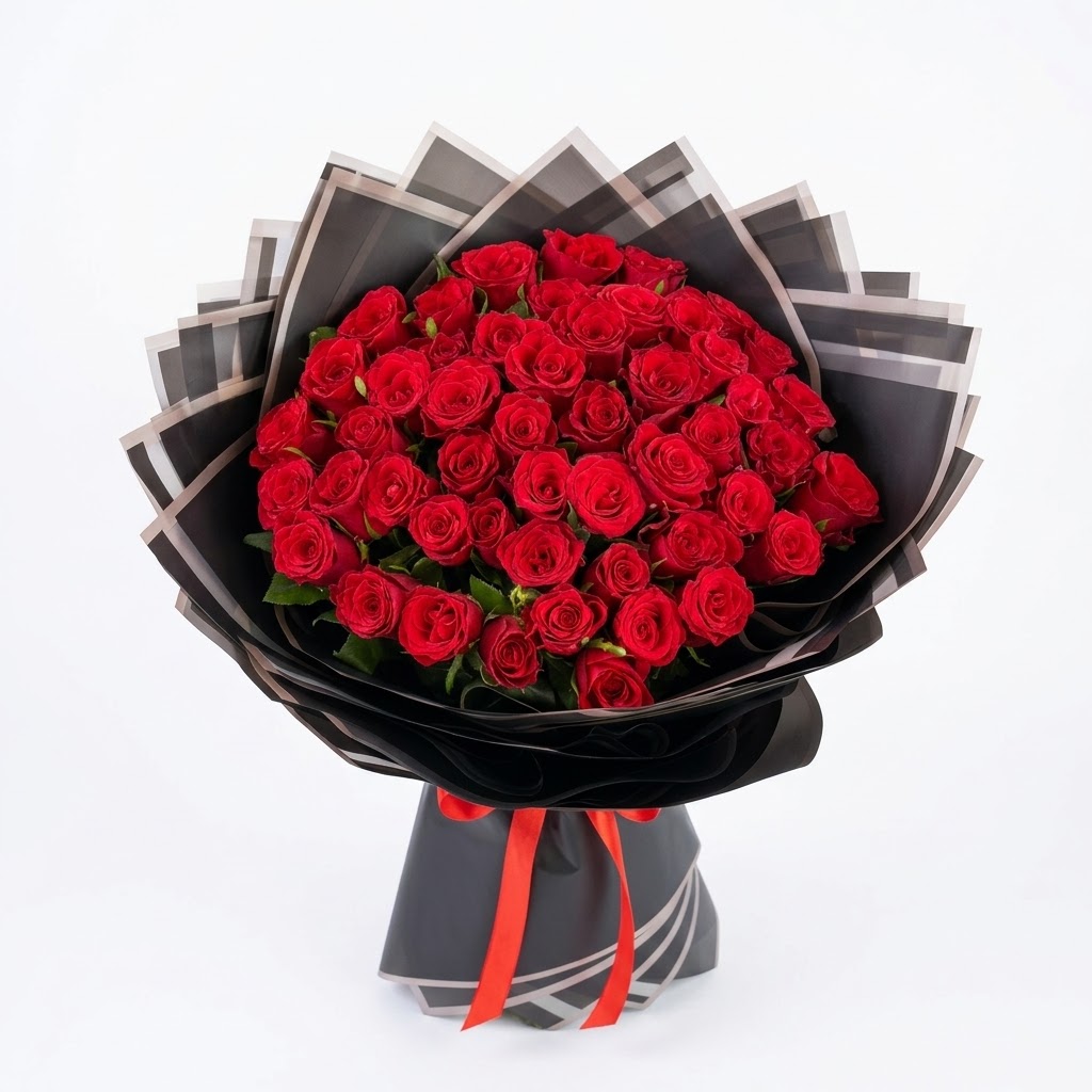50 Red Roses Bouquet, dense red rose dome in black wrap with red satin ribbon, Amman delivery