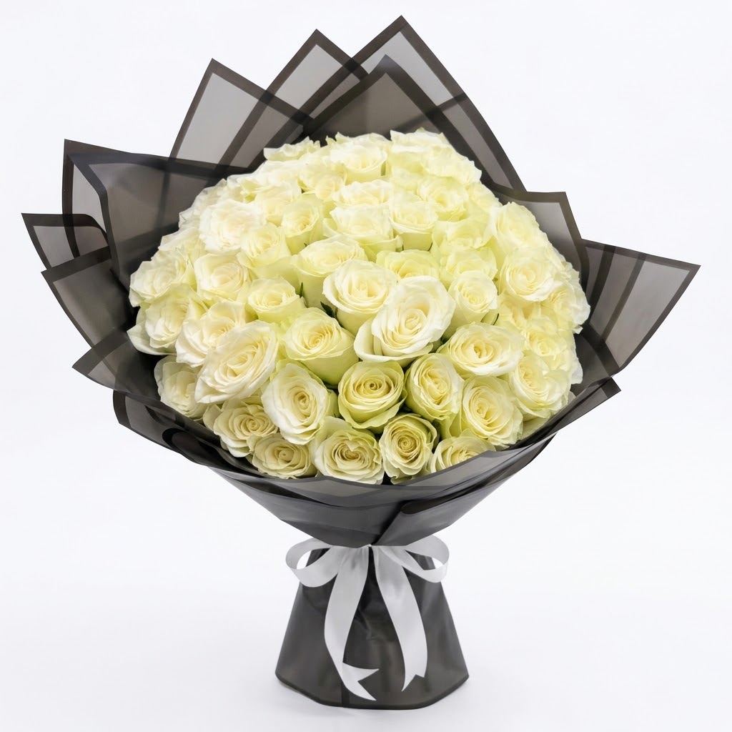50 White Roses Bouquet, dense white rose dome in black wrap with white satin ribbon, Amman delivery