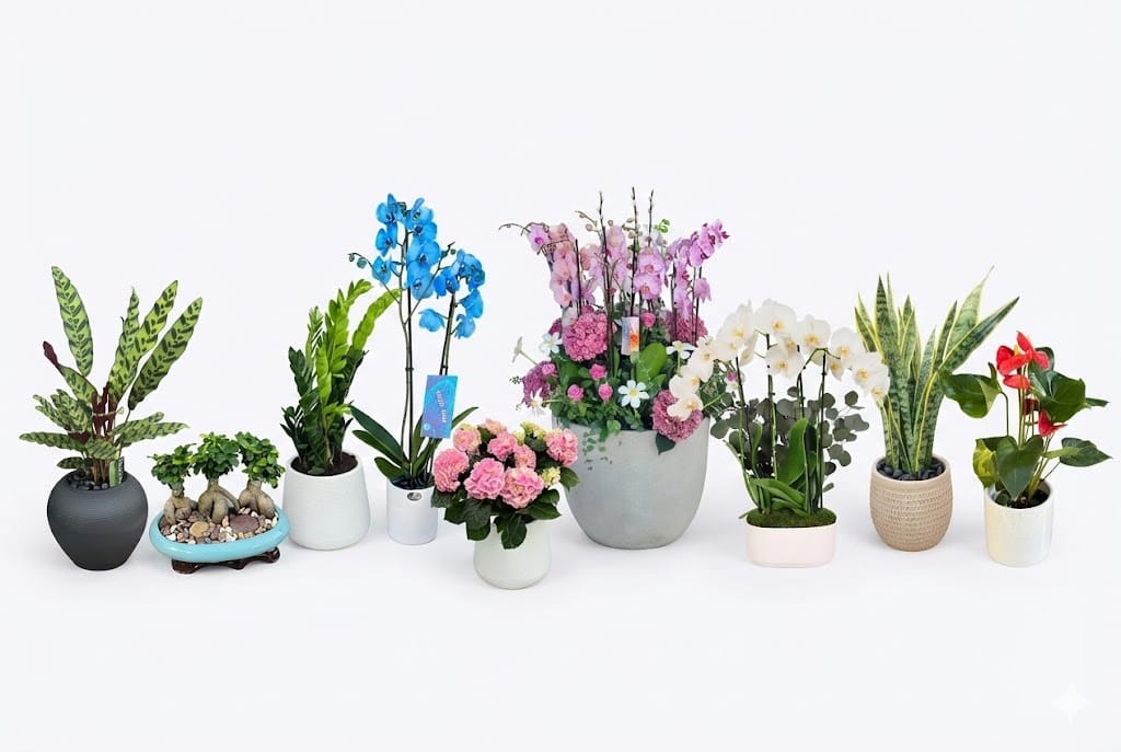 Collection of Indoor Plants including Phalaenopsis Orchids, Ficus Bonsai, Snake Plant, Anthurium, and ZZ Plant in Ceramic Pots, Plant Delivery in Amman