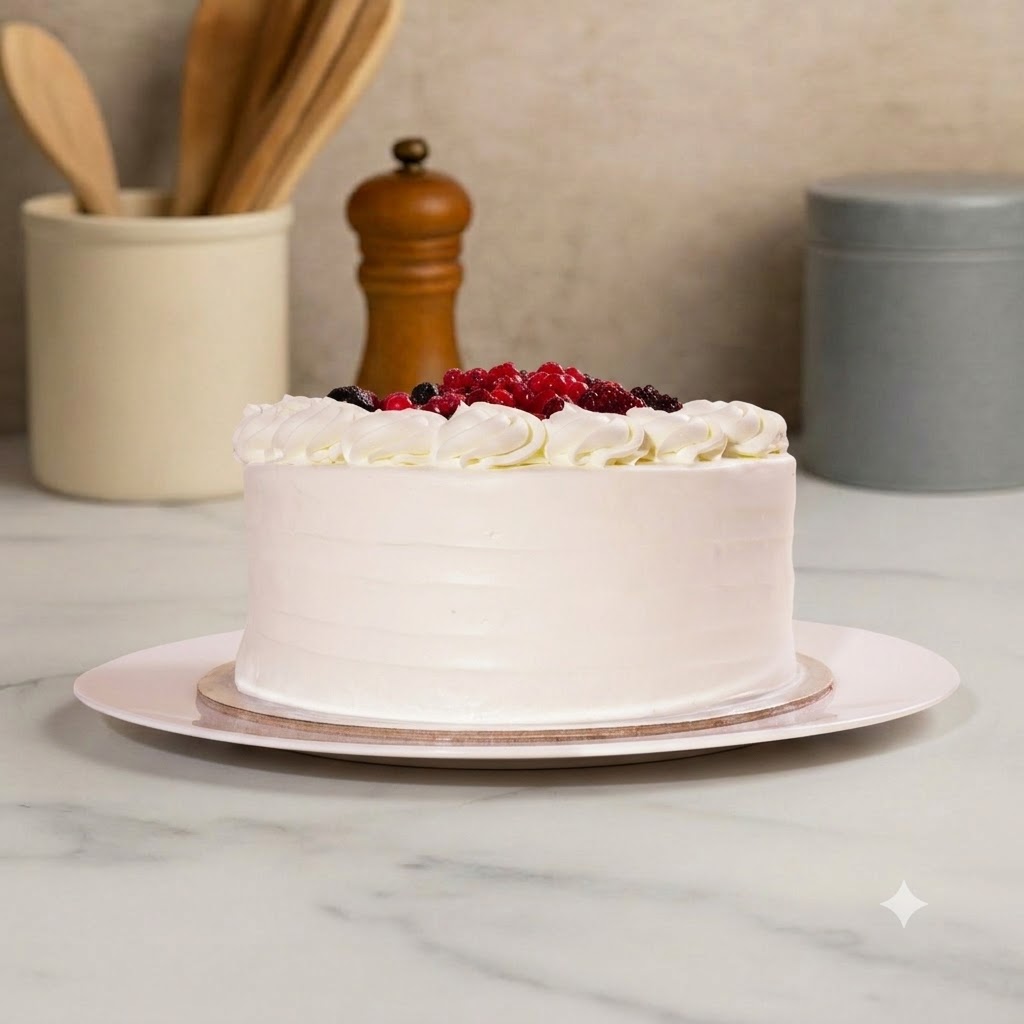 Fresh berry cake decorated with layers of white cream and shiny berries on an elegant cake stand.
