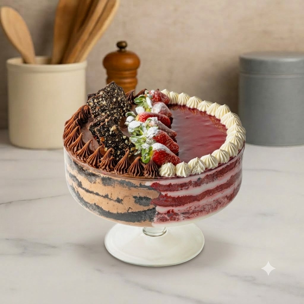 Close-up of Double Delight Trifle showing beautiful layers of cake, cream, and custard in an elegant glass serving bowl.