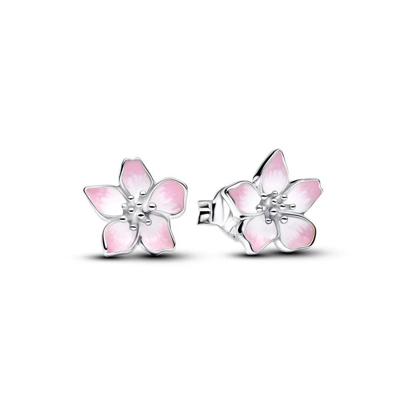 Cherry blossom sterling silver stud earrings with pink enamel