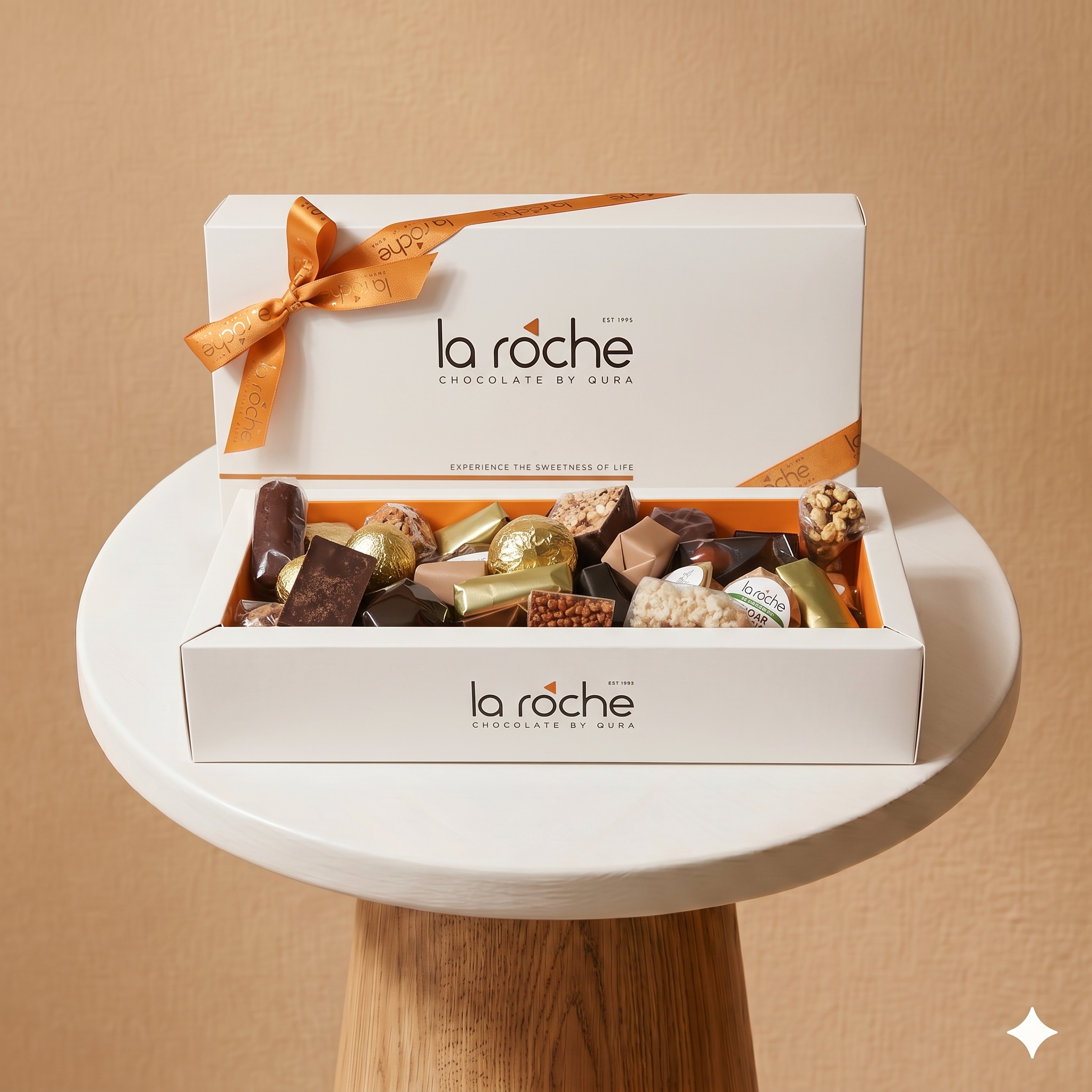 An open white La Roche Chocolate by Qura gift box tied with an orange ribbon, displaying an assortment of chocolates resting on a white display table.
